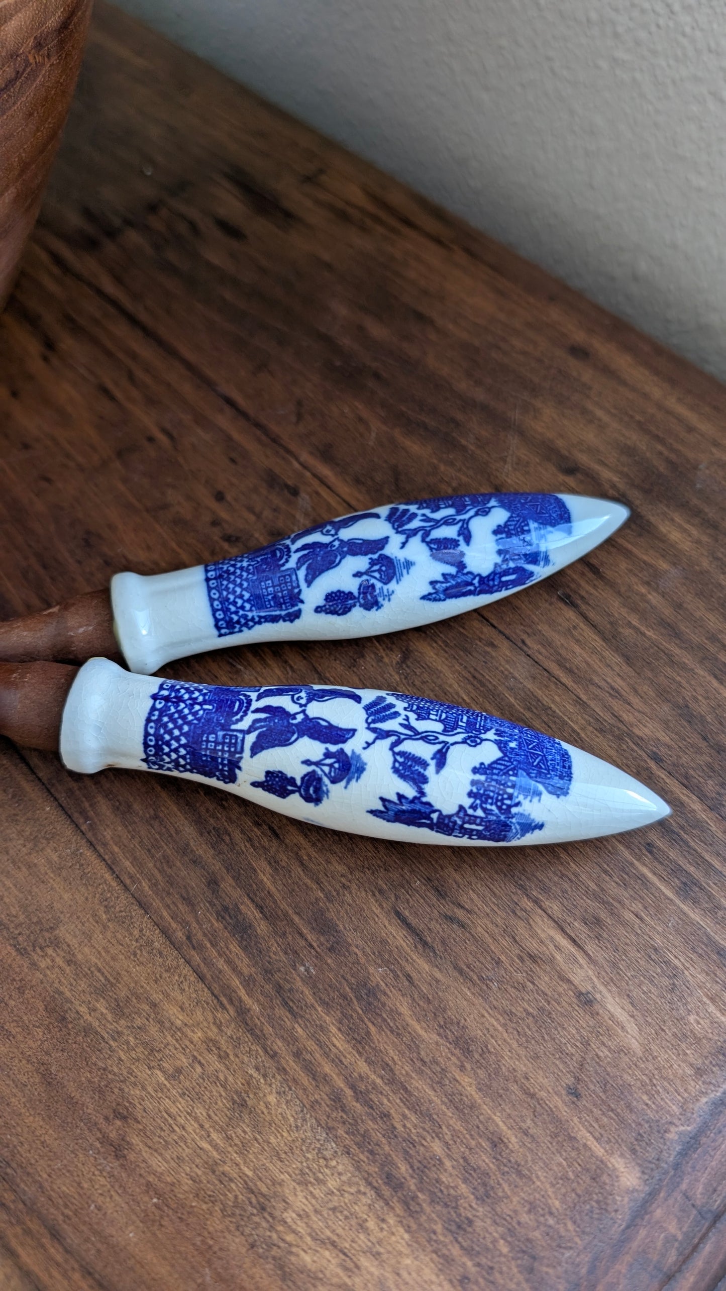 MCM Teak Salad Bowl with Blue Willow Utensils