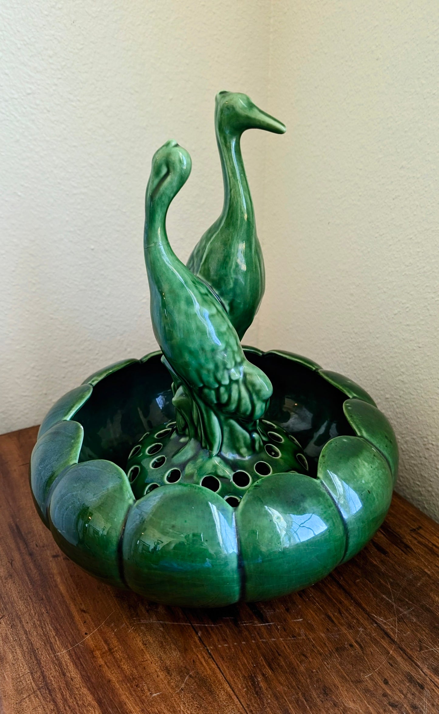 Green Cemar Pottery Heron Flower Frog Centerpiece