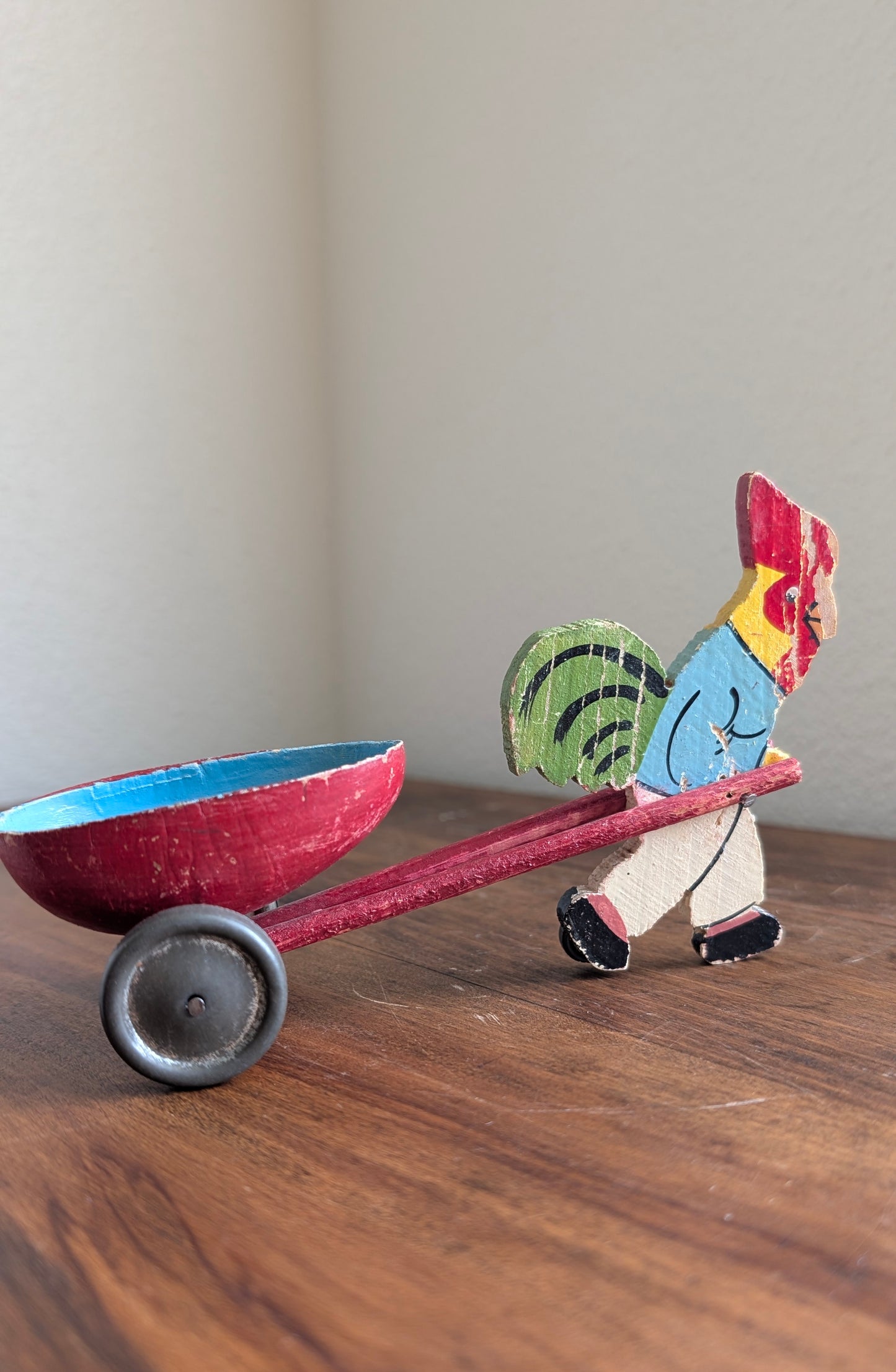 1930's Wooden Easter Rooster Pullcart Toy
