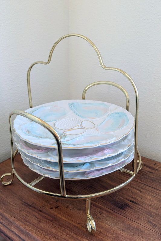 Set of Four Oyster Plates with Brass Stand
