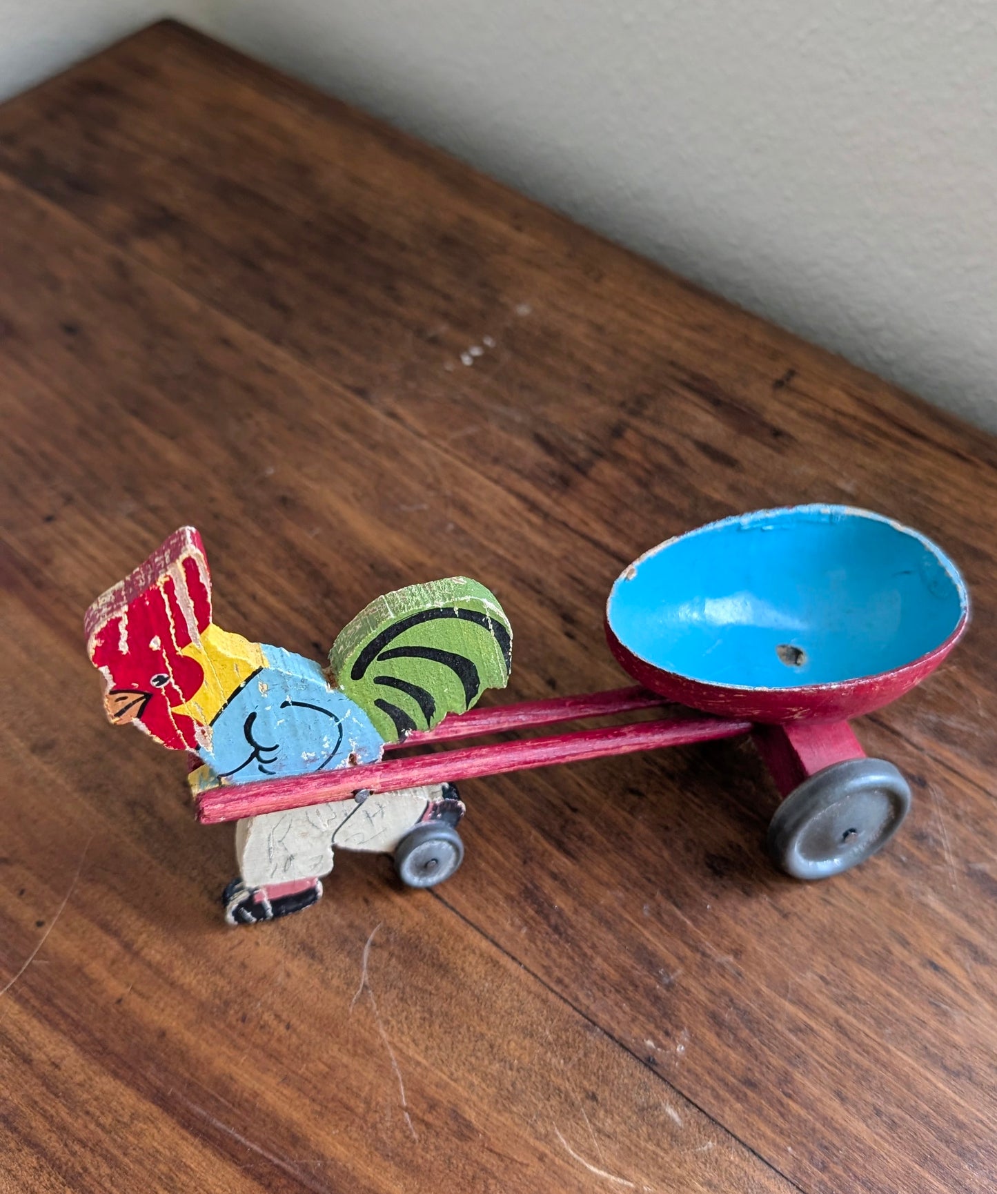 1930's Wooden Easter Rooster Pullcart Toy