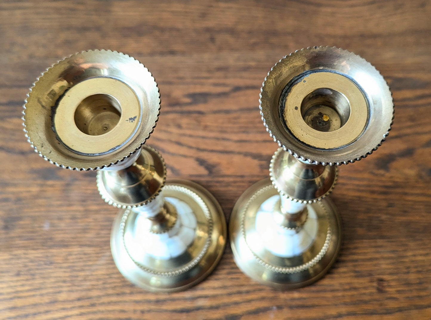 Pair of Brass & Mother of Pearl Candlestick Holders