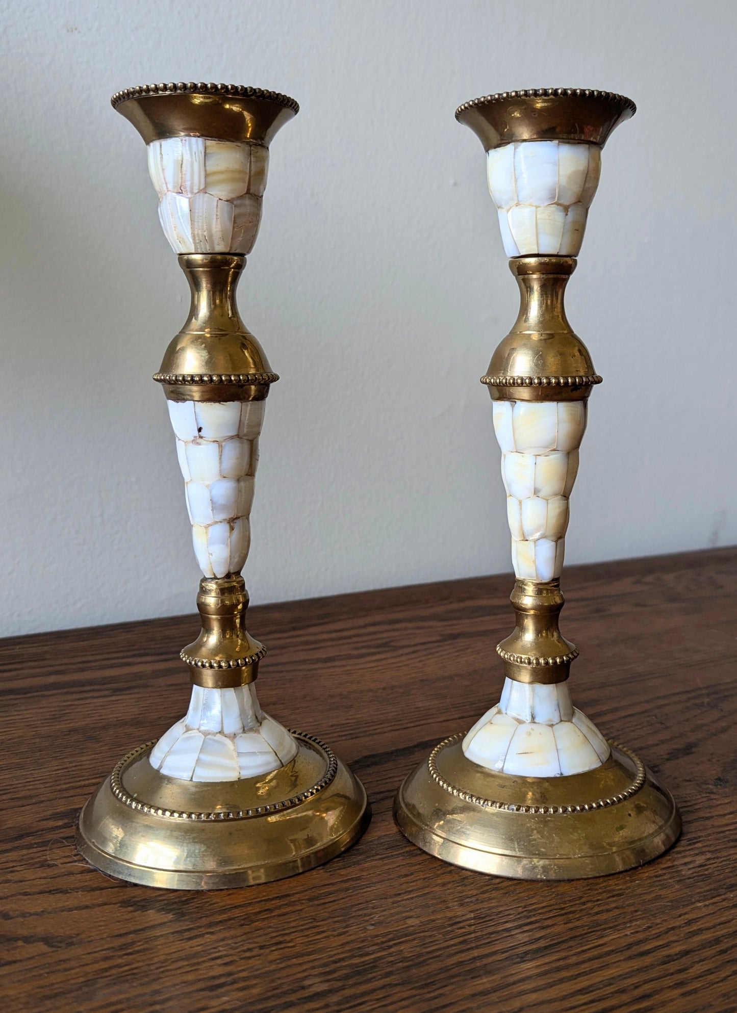 Pair of Brass & Mother of Pearl Candlestick Holders