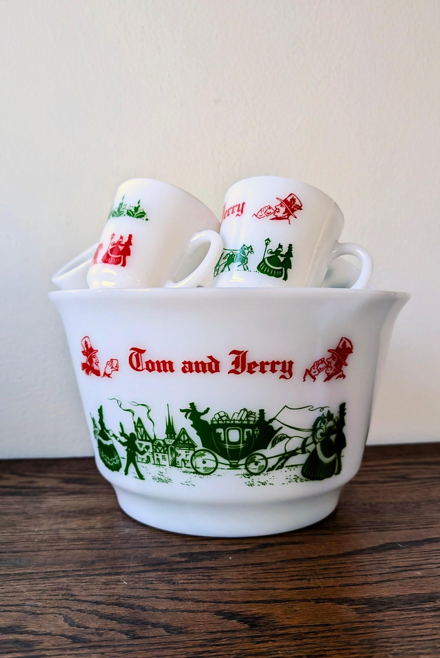 Tom & Jerry Milk Glass Punch bowl with 12 cups